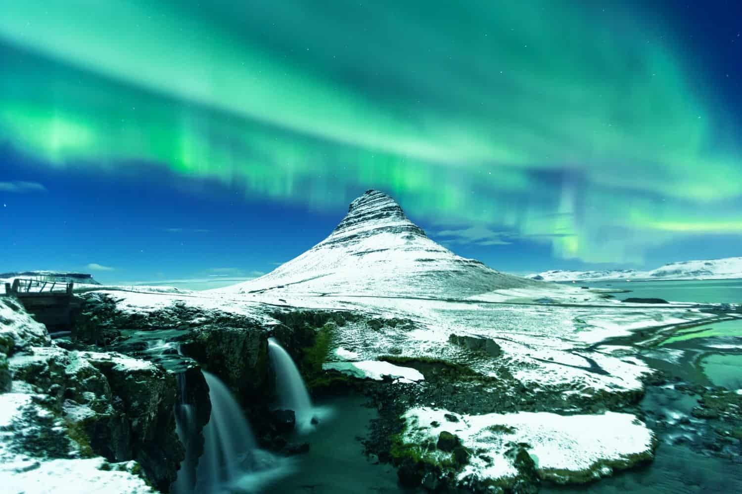 The Northern Lights Over Kirjufell With Fresh Snow