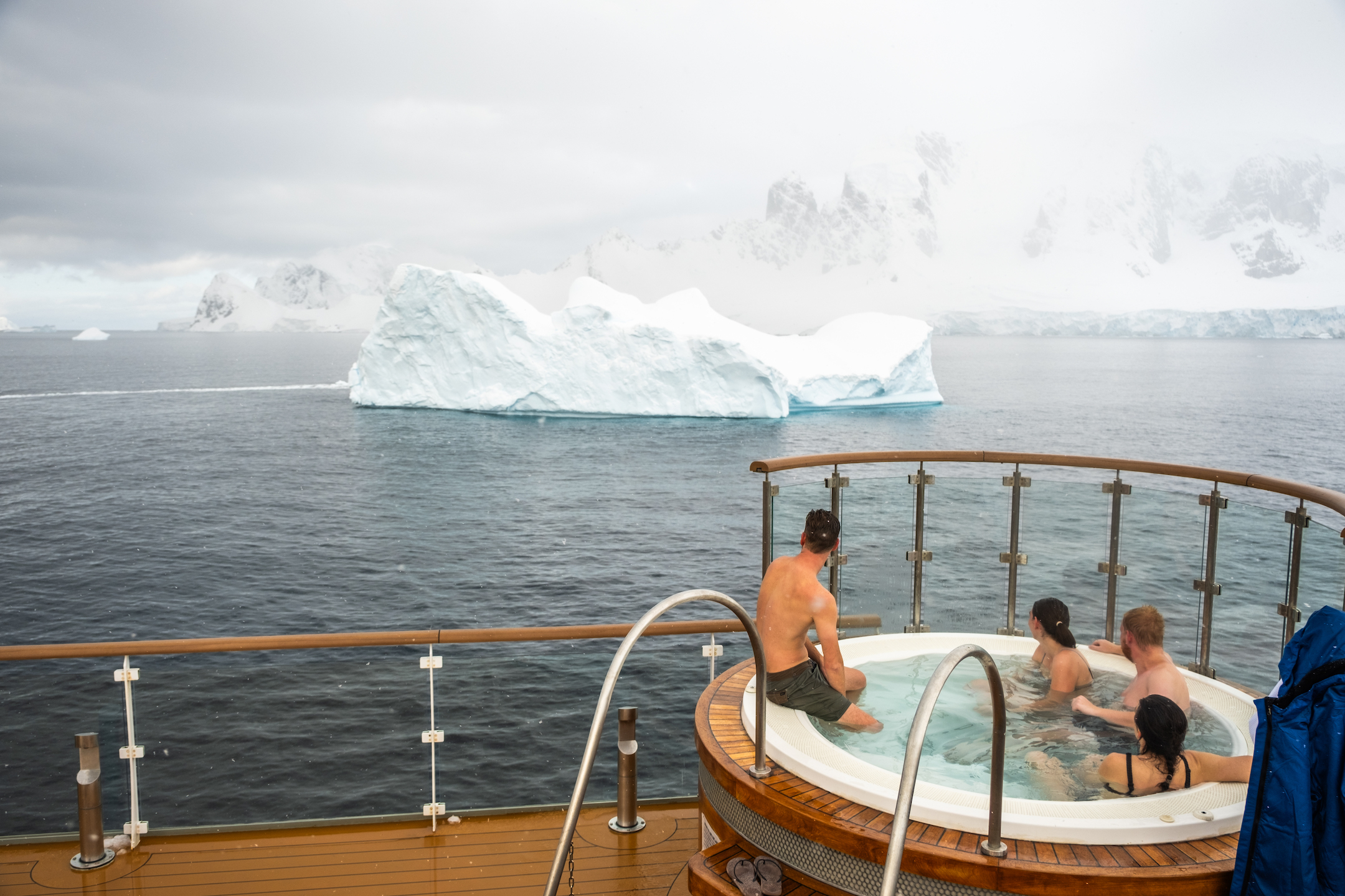 Whale watching from the hot tub in Antarctica 