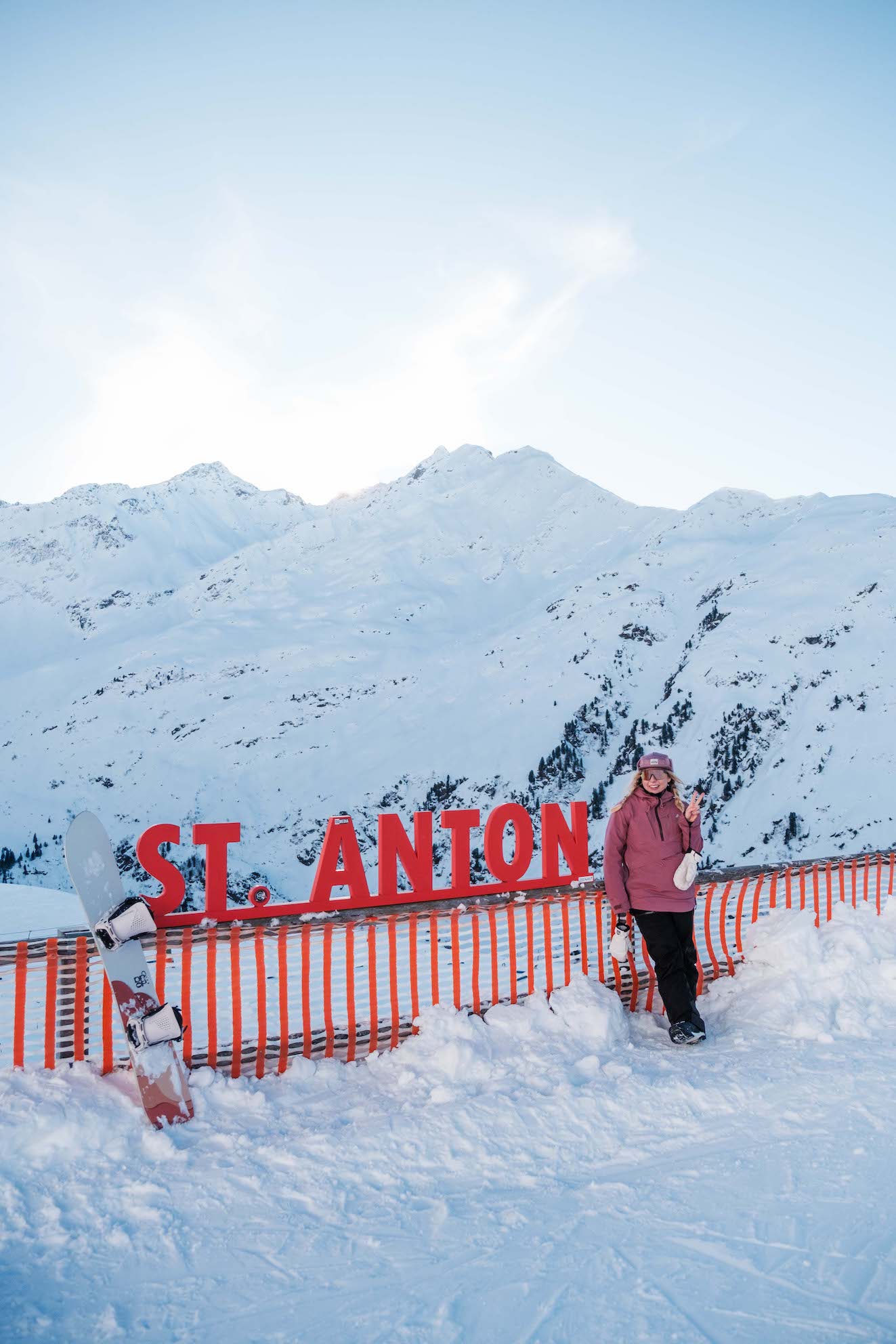Natasha With The St Anton Ski Sign And Her Snowboard